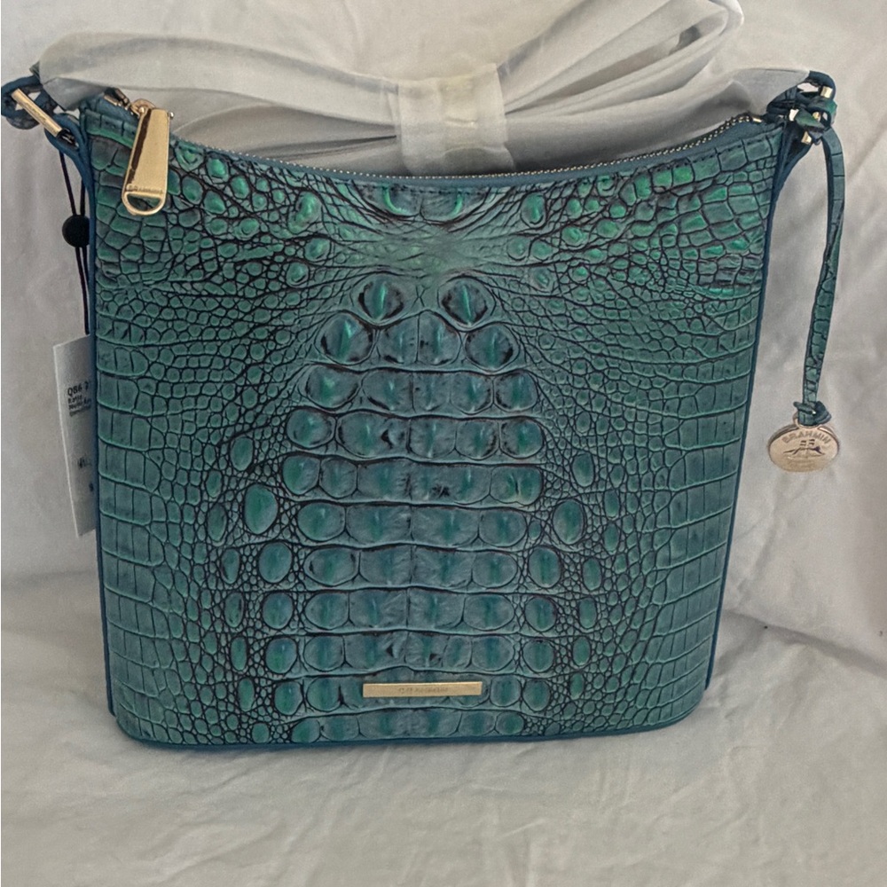 Brahmin Katie Teal Green Embossed Croc Leather Crossbody Bag